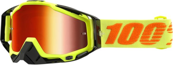 100% BRILLE RACECRAFT ATTACK YELLOW OFFROAD GOGGLE VERSPIEGELTES GLAS MIRROR RED LENS